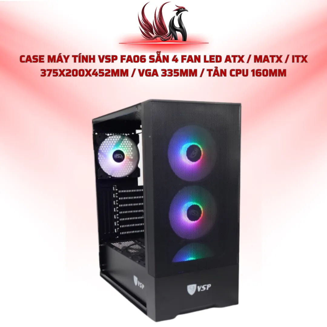 Case Máy Tính VSP FA06 Sẵn 4 Fan LED ATX / MATX / ITX 375x200x452mm / VGA 335mm / Tản CPU 160mm | HOCO STORE PC