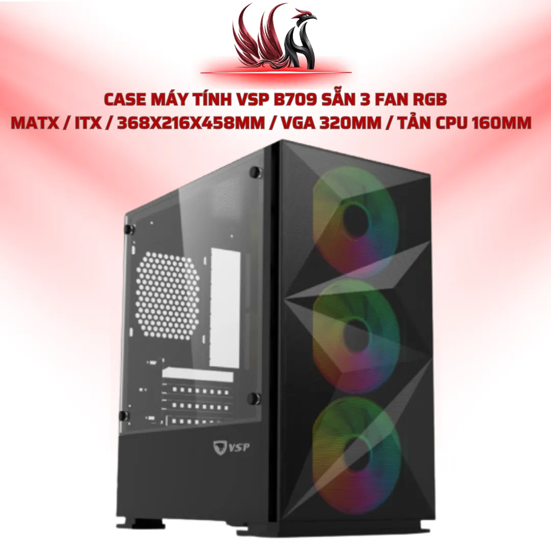 Case Máy Tính VSP B709 Sẵn 3 Fan RGB  MATX / ITX / 368x216x458mm / VGA 320mm / Tản CPU 160mm    | HOCO STORE PC