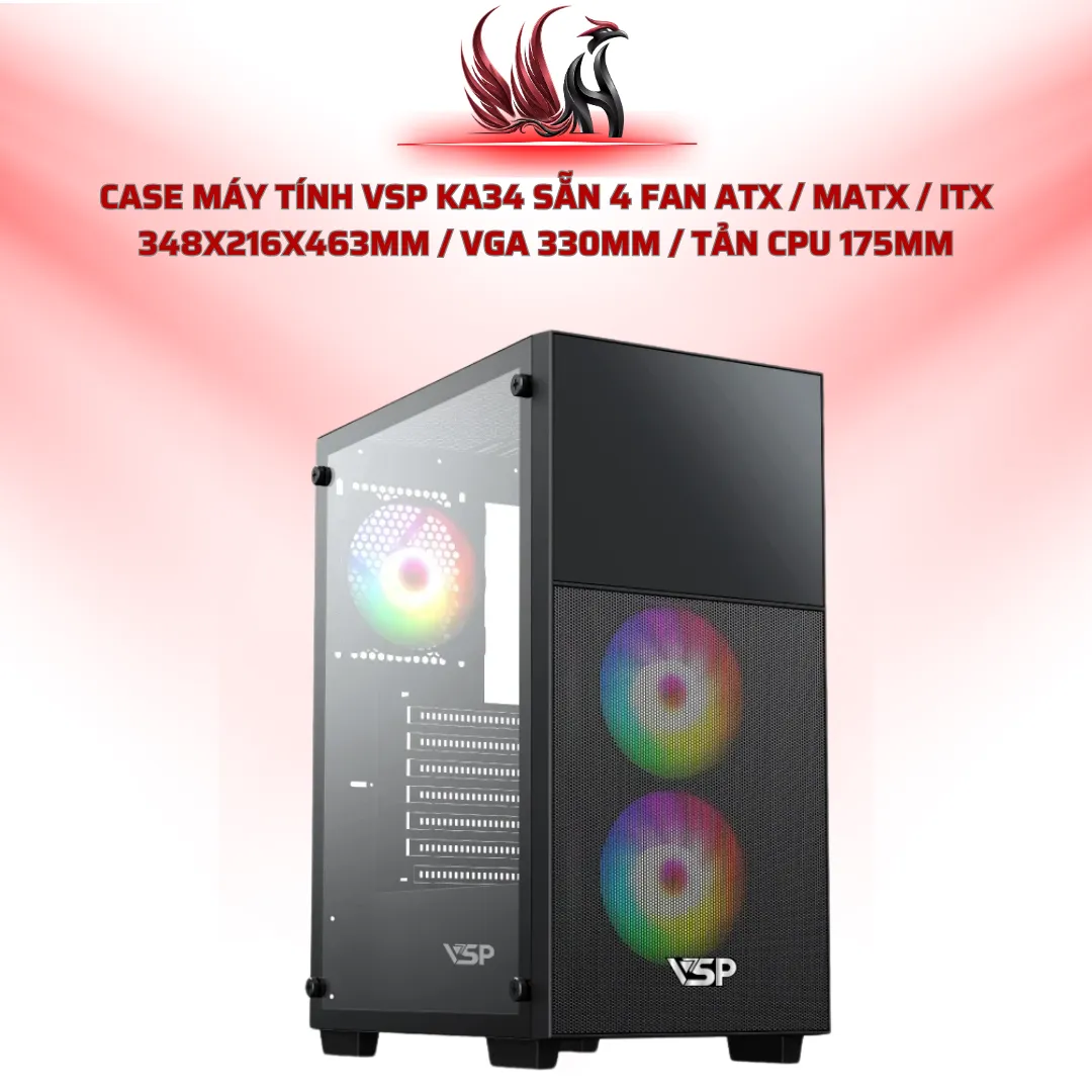 Case Máy Tính VSP KA34 Sẵn 4 Fan ATX / MATX / ITX 348x216x463mm / VGA 330mm / Tản CPU 175mm | HOCO STORE PC