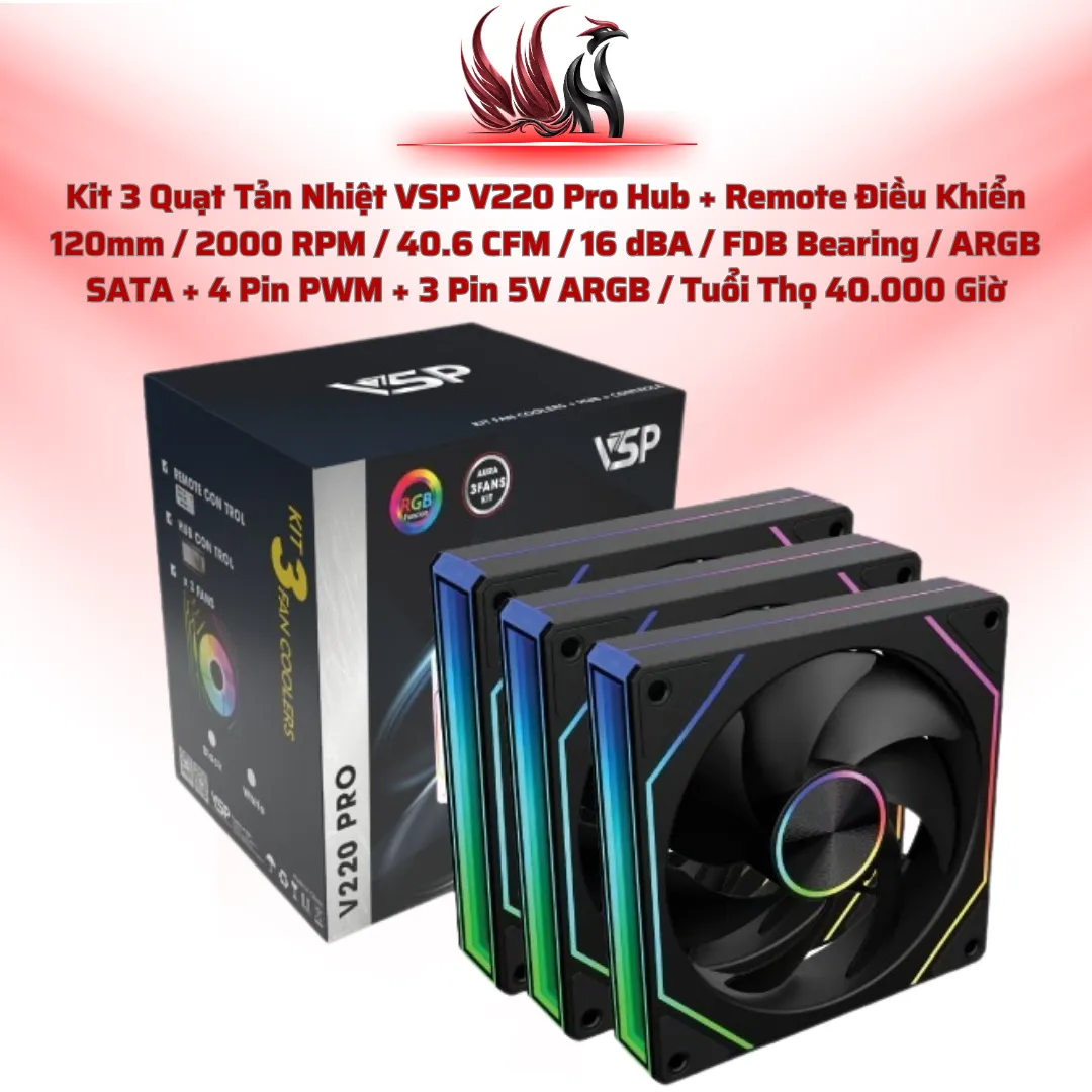 Kit 3 Quạt Tản Nhiệt VSP V220 Pro Hub + Remote Điều Khiển 120mm / 2000 RPM / 40.6 CFM / 16 dBA / FDB Bearing / ARGB SATA + 4 Pin PWM + 3 Pin 5V ARGB / Tuổi Thọ 40.000 Giờ | HOCO STORE PC