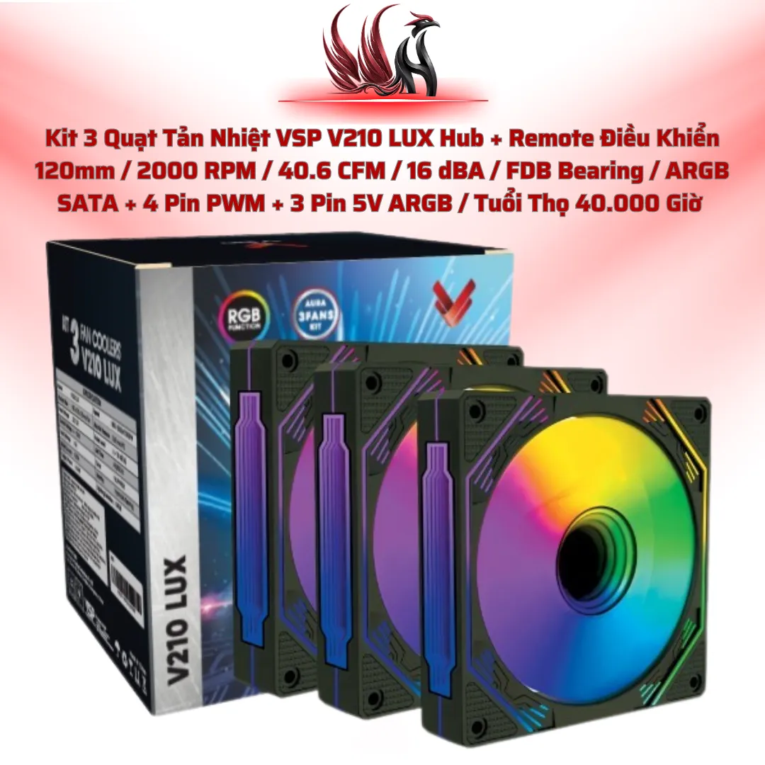 Kit 3 Quạt Tản Nhiệt VSP V210 LUX Hub + Remote Điều Khiển 120mm / 2000 RPM / 40.6 CFM / 16 dBA / FDB Bearing / ARGB   SATA + 4 Pin PWM + 3 Pin 5V ARGB / Tuổi Thọ 40.000 Giờ  | HOCO STORE PC