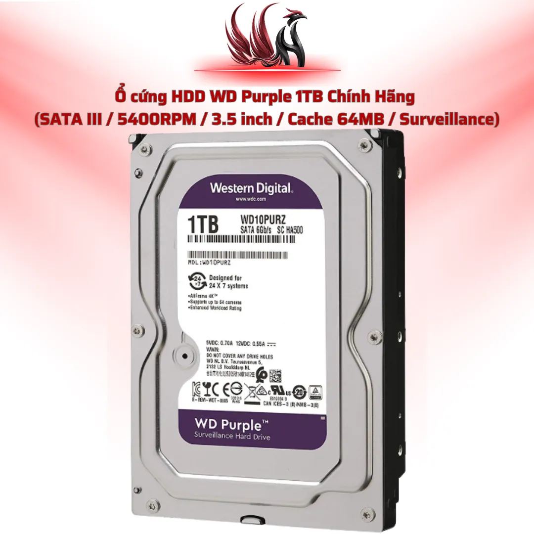 Ổ Cứng HDD WD Purple 1TB Chính Hãng – SATA III 3.5 inch Chuyên Camera Giám Sát 24/7 | HOCO STORE PC