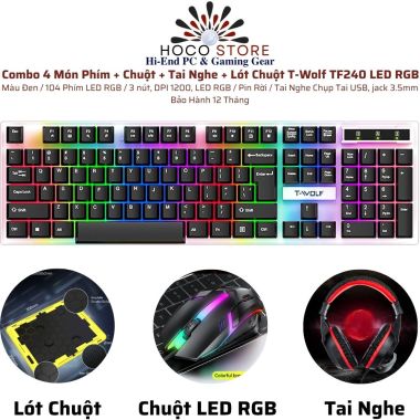 Bộ 4 Món Phím Chuột Tai Nghe Lót Chuột T-WOLF TF240 RGB