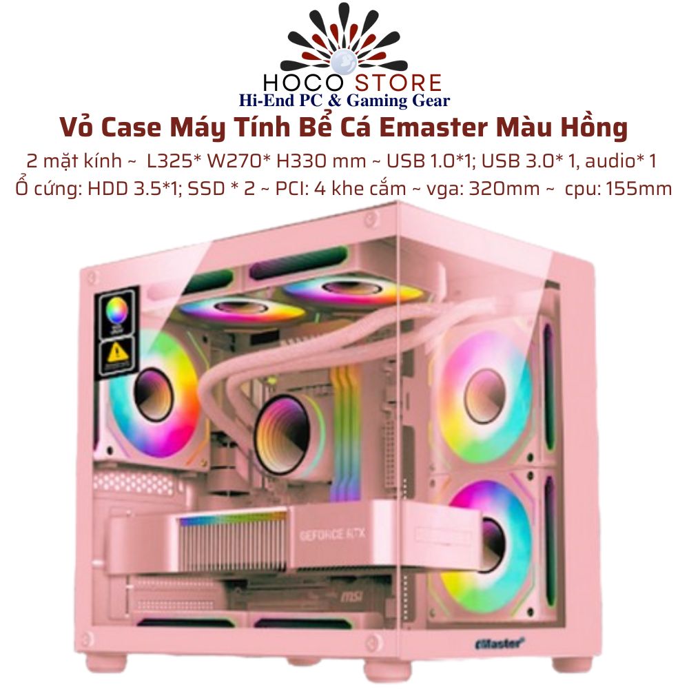 Vỏ Case Máy Tính Bể Cá Emaster Màu Hồng ECG 983P mATX