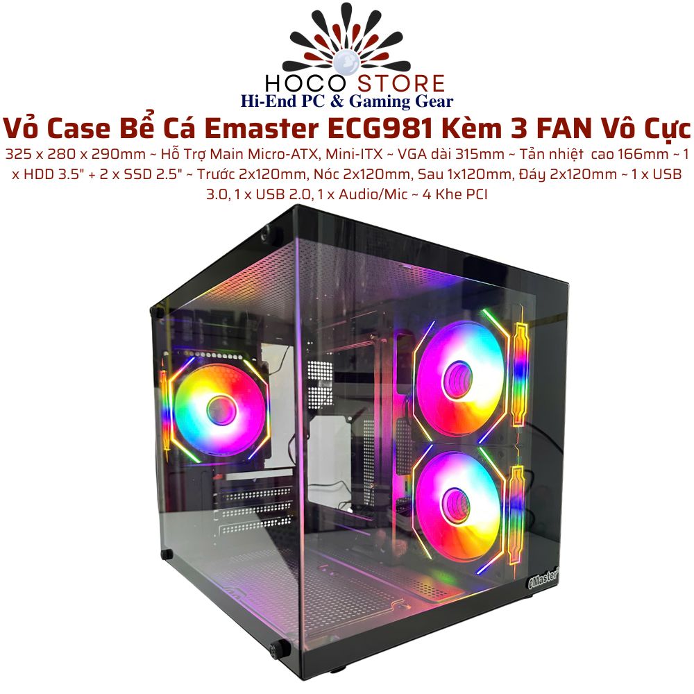 Vỏ Case Bể Cá Emaster ECG981 Màu Đen Kèm 3 FAN