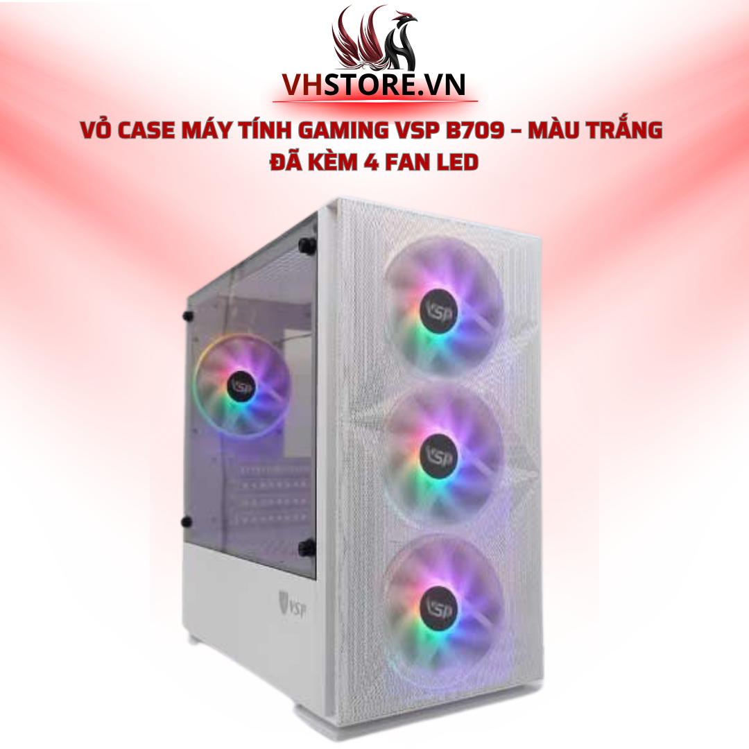 Vỏ Case Máy Tính Gaming VSP B709 – Màu Trắng Đã Kèm 4 Fan LED | Hoco Store PC