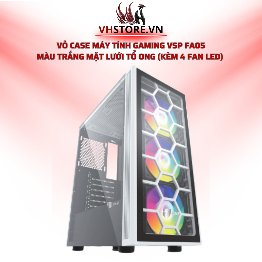 Vỏ Case Máy Tính Gaming VSP FA05 - Màu Trắng Mặt Lưới Tổ Ong (Kèm 4 Fan LED) l Hoco Store PC