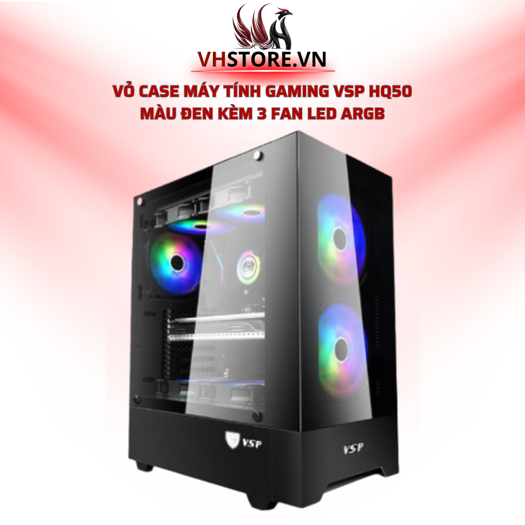 Vỏ Case Máy Tính Gaming VSP HQ50 – Màu Đen Kèm 3 Fan LED ARGB l Hoco Store PC