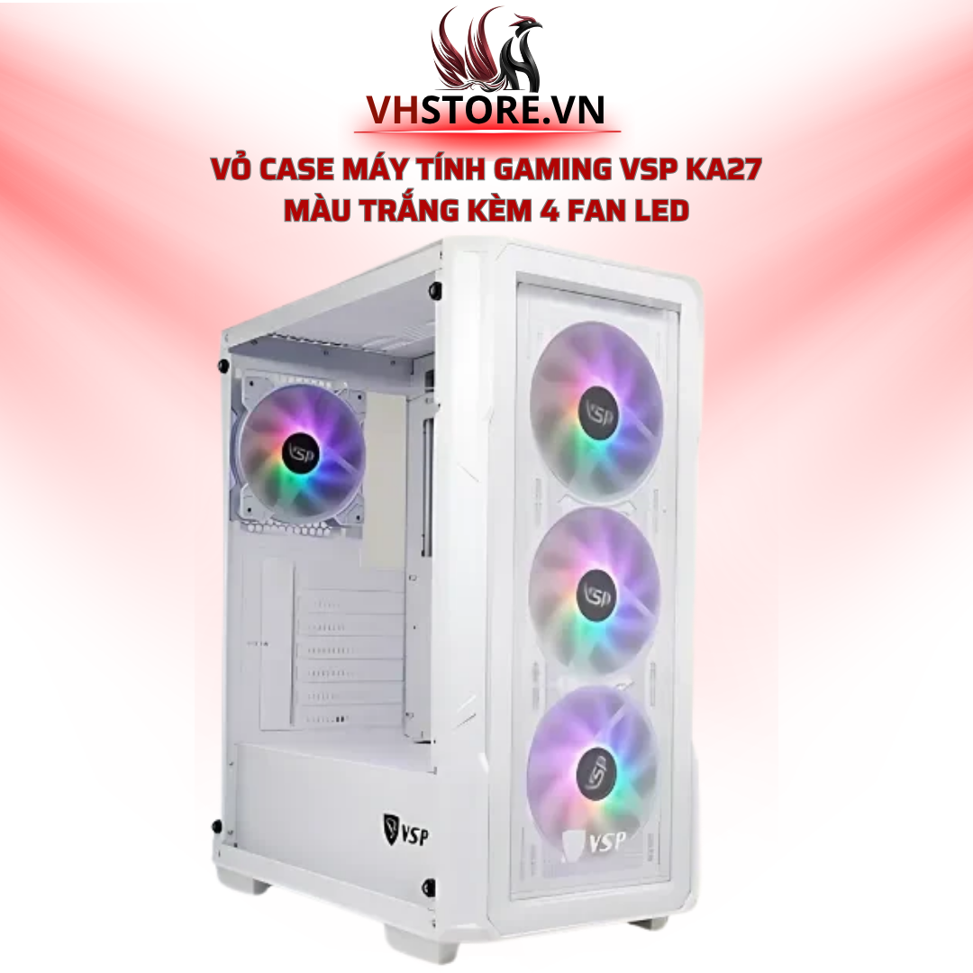 Vỏ Case Máy Tính Gaming VSP KA27 - Màu Trắng có 2 mặt kính kèm 4 Fan Led Hoco Store PC