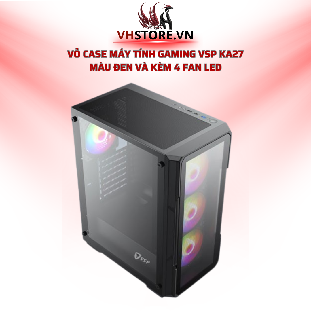 Vỏ Case Máy Tính Gaming VSP KA27 - Màu Đen Có 2 Mặt Kính Và Kèm 4 Fan LED | Hoco Store PC