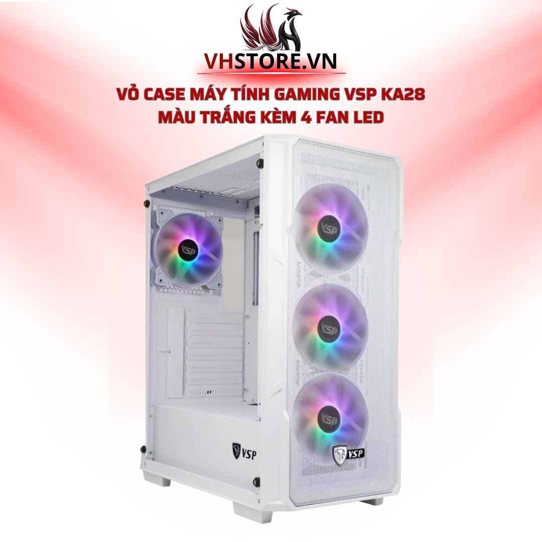 Vỏ Case Máy Tính Gaming VSP KA28 - Màu Trắng Kèm 4 Fan LED l Hoco Store PC