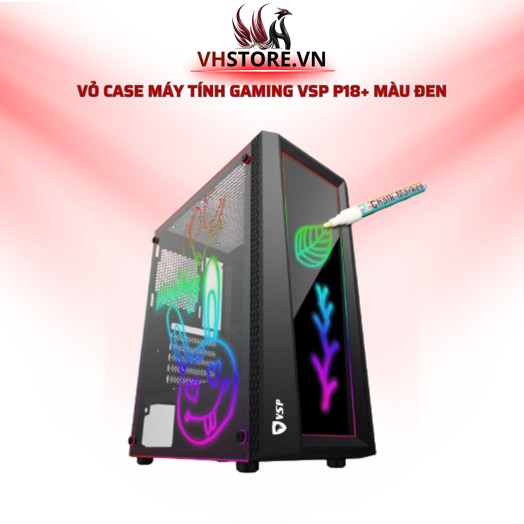 Vỏ Case Máy Tính Gaming VSP P18+ Màu Đen (Có Bút Vẽ Dạ Quang)Đột Phá Thiết Kế Và Hiệu Suất l Hoco Store PC