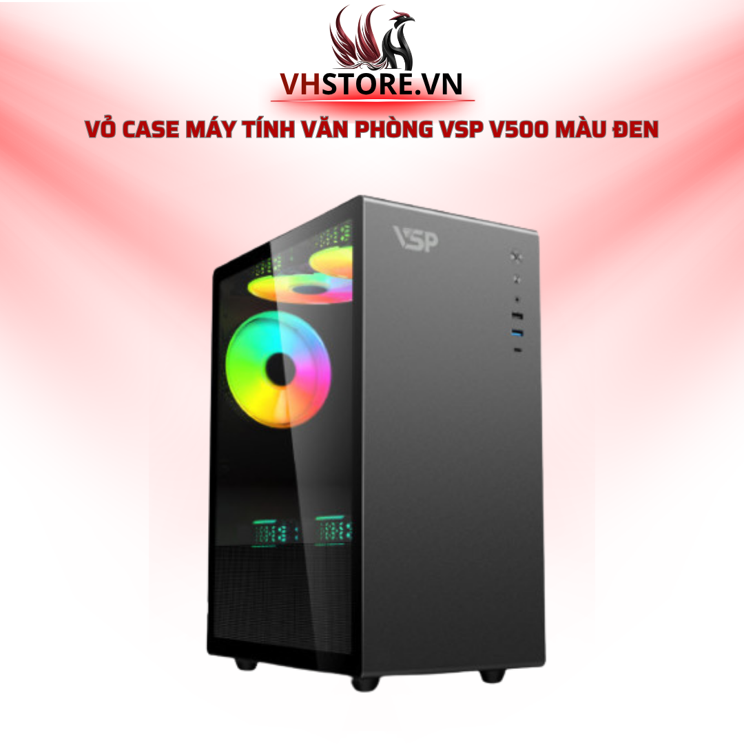Vỏ Case Máy Tính Văn Phòng VSP V500 Màu Đen với Kính Cường Lực - Tối Ưu Cho Văn Phòng Hiện Đại l Hoco Store PC