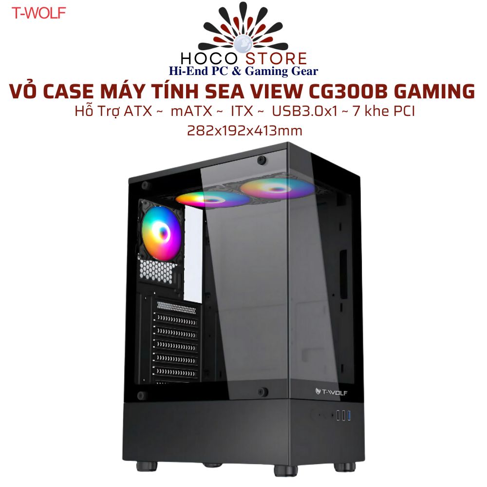 Vỏ Case Máy Tính Bể Cá T-WOLF CG300 Main ATX Màu Đen