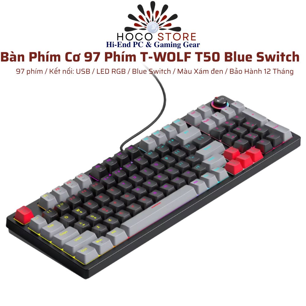 Bàn Phím Cơ 97 Phím T-WOLF T50 Blue Switch Màu Đen Xám